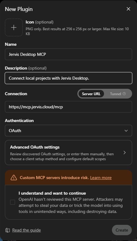 نافذة New Plugin في ChatGPT: اسم Jervis Desktop MCP وعنوان https://mcp.jervis.cloud/mcp ومصادقة OAuth